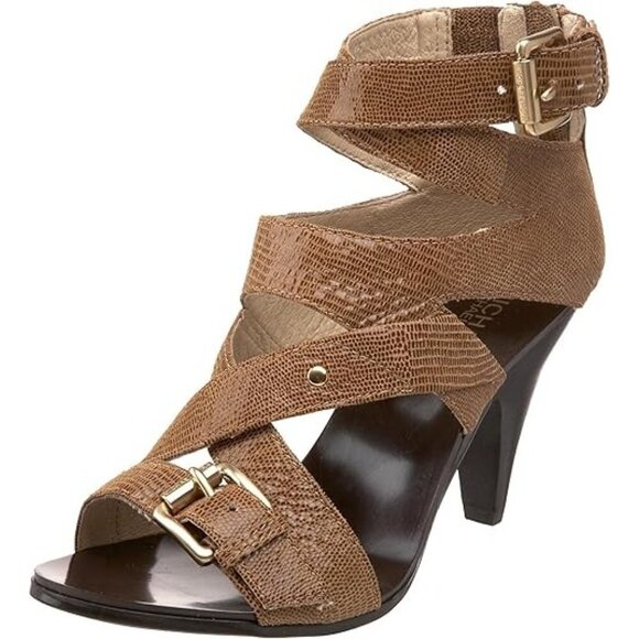 Michael Kors Tatum Cross Strap Reptile Embossed Shimmering Leather Cone Heels - Picture 4 of 6